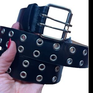 NEW BLACK Leather BELT Men 6xl Double Prong Silver Buckle Double Grommet XXXXXXL